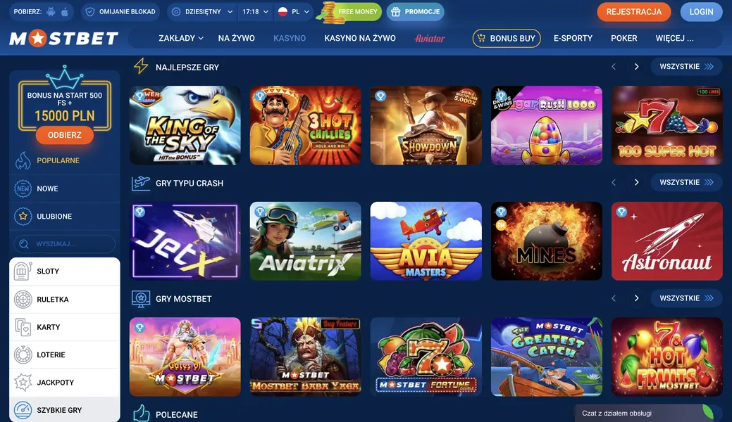 Gry kasynowe i automaty w aplikacji Mostbet Casino PL